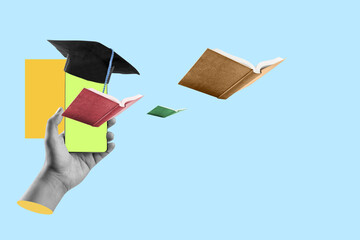 A human hand holding a mobile phone with a graduation hat and books flying through the mobile phone...