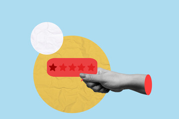 A human hand holding a speech bubble with one in five star rating