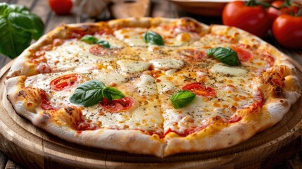 Freshly Baked Pizza with Mozzarella, Tomato, and Basil
