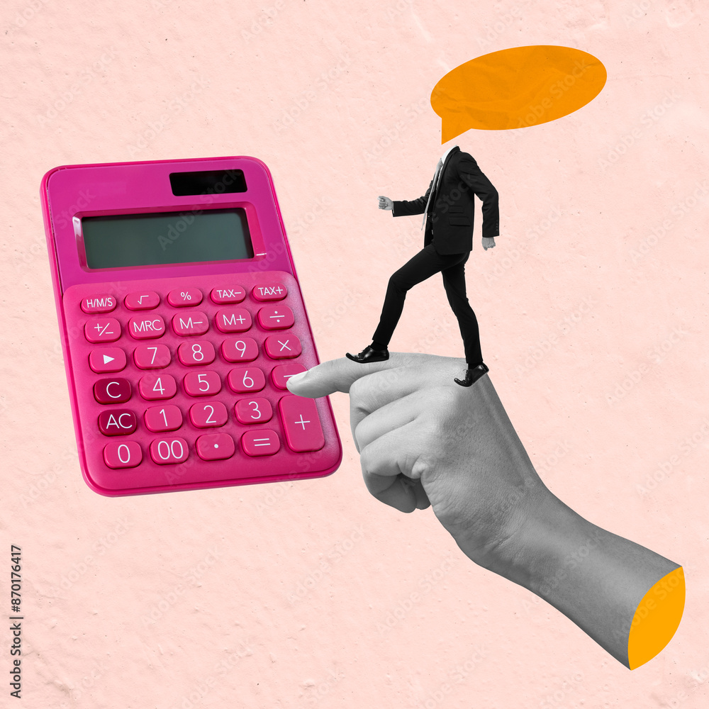 Poster a businessman with an empty speech bubble head walking on a human hand using a calculator