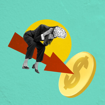 A portrait of a businesswoman feeling depressed while sitting on the decreased arrow hit the golden dollar coin