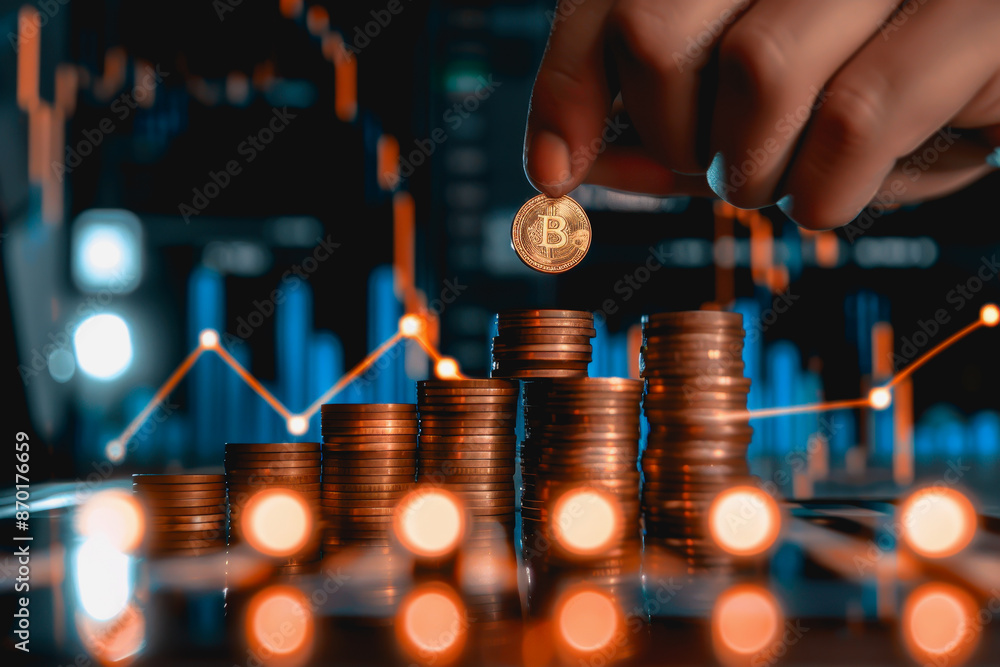 Poster hand adding gold coin to stack with bright upward trend line