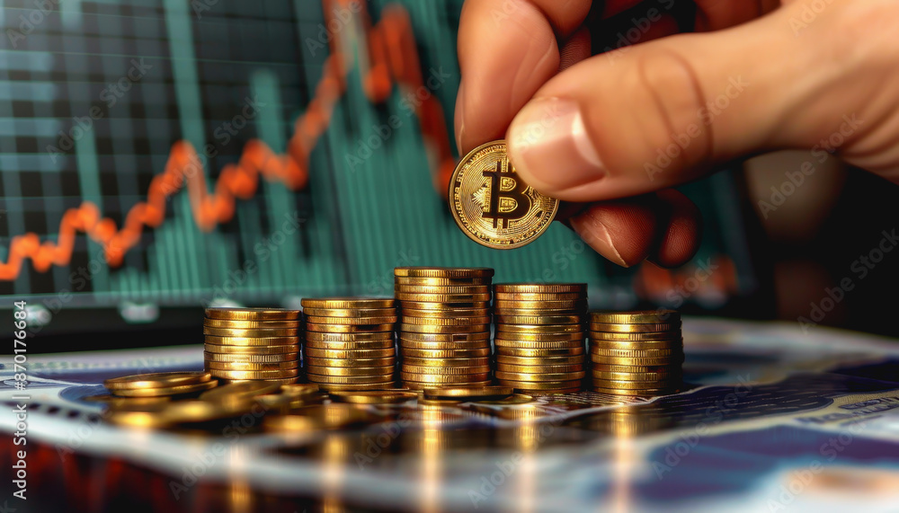 Poster hand adding gold coin to stack with bright upward trend line