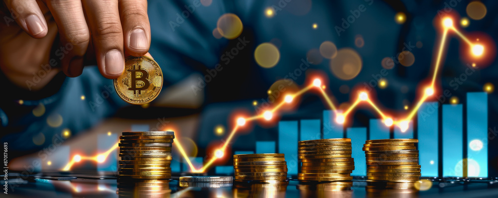 Poster hand adding gold coin to stack with bright upward trend line