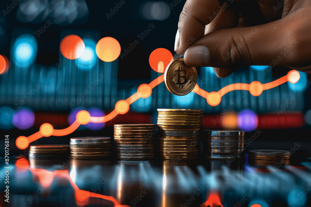 Poster hand placing gold coin on stack with upward trend line and bokeh lights