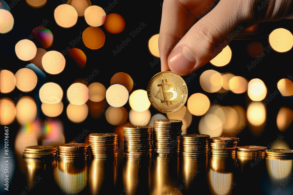 Poster hand placing gold coin on stack with upward trend line and bokeh lights