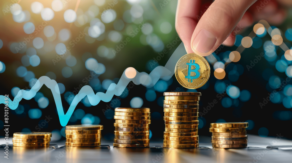 Poster hand placing gold coin on stack with upward trend line and bokeh lights