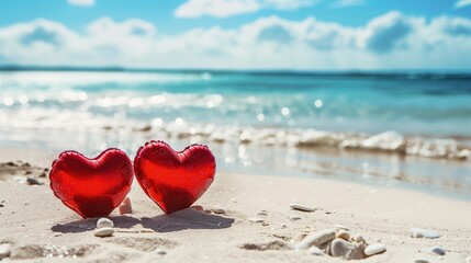 Fototapeta premium Two crimson hearts on the sandy shore, a beacon of love and passion, making it an ideal backdrop for a romantic escape or a beachside wedding. 