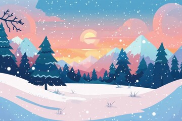 Fototapeta premium Beautiful winter landscape with snow-covered trees, mountains, and a colorful sunset highlighting a serene snow scene.