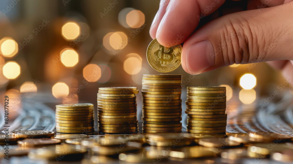 Poster hand placing gold coin on stack with upward trend line and bokeh lights