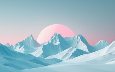 Stunning digital artwork featuring surreal snowy mountains under a pink sunset sky, blending abstract and realistic elements.