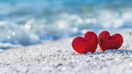 Fototapeta premium The sight of two vibrant red hearts on the beachfront, a symbol of deep affection and the quintessential scene for a romantic rendezvous or a wedding under the stars. 