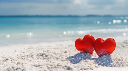Fototapeta premium A pair of scarlet hearts nestled in the beach's embrace, epitomizing the essence of romance and setting the stage for a love-filled vacation or a seaside ceremony. 