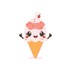 Vector Design of Cute Pink Strawberry Cone Ice Cream Cartoon Character with Happy Expression