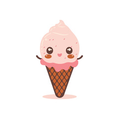 Vector Design of Cute Pink Strawberry Cone Ice Cream Cartoon Character with Happy Expression