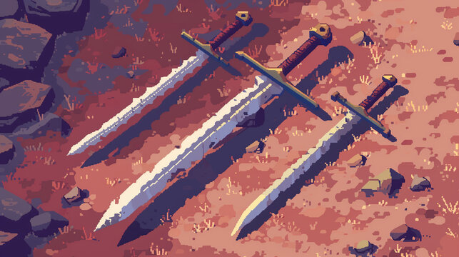 pixel art illustration of three medieval swords on the ground, a video game illustration of a fantasy world, fantasy games, war games, swords