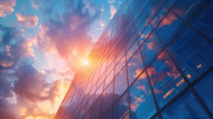 Modern glass skyscraper reflecting a colorful sunset sky, symbolizing innovation and urban development in a cityscape.
