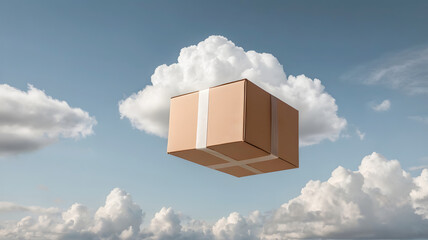 Brown boxes placed on clouds floating in the sky, shopping advertising concept