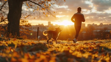Person jogging with a dog through a park during sunrise. Autumn leaves cover the ground and the city skyline is visible in the background.