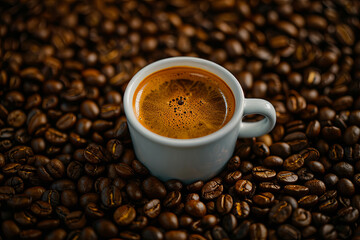 Fototapeta premium Coffee cup surrounded by coffee beans, warm beverage with copy space