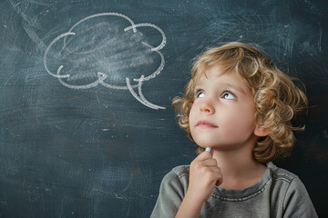 Child thinking with a blank thought bubble on a blackboard, imaginative space