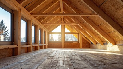 Spacious unfinished attic with large windows, natural light flooding in, showcasing wooden beams and flooring, perfect for renovation.