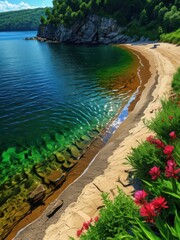 Fototapeta premium Tranquil Lake Shore with Flowers.