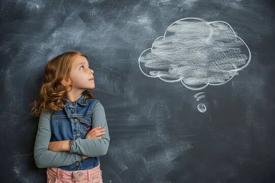 Child thinking with a blank thought bubble on a blackboard, imaginative space