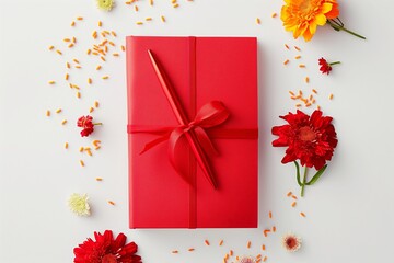 Red Book with Pen and Flowers for Diwali Lakshmi Pooja on White Background