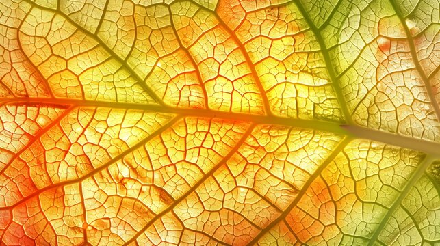 close up of A large green leaf backlit, highlighting the detailed network of veins in a contrasting yellow or red. Absract background illustration of leaf