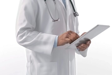 Doctor using a tablet for patient records, Portrait half-body, hyper-realistic, high detail, photorealistic, white background
