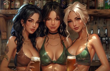 Three beautiful sexy women wearing bikini with glasses of beer. Birthday congratulation image.