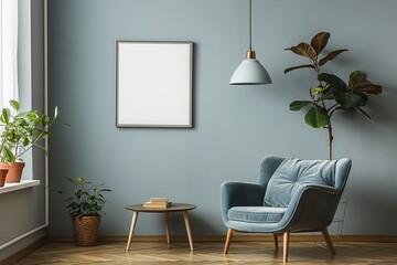 Fototapeta premium Stylish Blue Room with Velvet Chair and Blank Frame for Art or Poster Mockup
