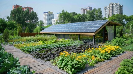 Obraz premium Urban garden with solar panels on a shed, surrounded by lush plants and high-rise buildings in the background.