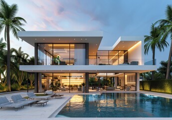 Fototapeta premium Modern Two-Story Home With Pool at Dusk