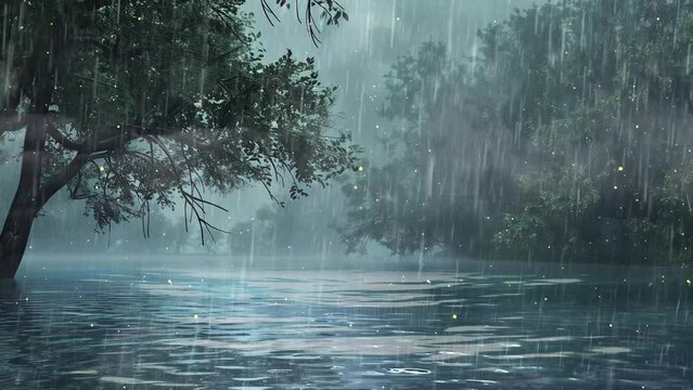 a heavy rain pounds with lake surface in rainstorm seamless looping overlay 4k virtual video animation background