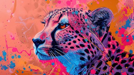 Vibrant artistic depiction of a cheetah with bold colors and modern abstract elements, capturing the essence of wildlife and creativity.