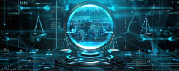 A futuristic digital dashboard featuring scales of justice and a glowing globe, symbolizing the intersection of technology and global law.