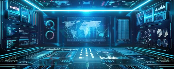 A futuristic digital dashboard displaying various graphs, charts, and data visualizations with a blue and cyan glow, representing cutting-edge technology.