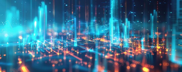 Obraz premium A visual representation of interconnected digital links glowing in blue and cyan tones, symbolizing a futuristic and ethereal network.