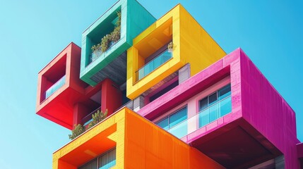 Vibrant modern building with colorful geometric architecture and large windows against a clear blue sky.