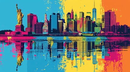 Vibrant pop art depiction of the New York City skyline with the Statue of Liberty, showcasing a colorful and dynamic urban landscape.
