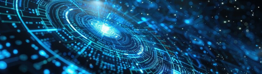 Obraz premium A high-tech interface with neon blue and cyan pathways on a digital circuit board.