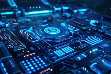 A high-tech interface with neon blue and cyan pathways on a digital circuit board.