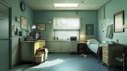 A school nurse's office with a bed and medical supplies