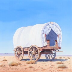 Covered wagon in arid desert landscape under clear blue sky, symbolizing historical travel and adventure on the frontier.