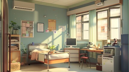 A school nurse's office with a bed and medical supplies