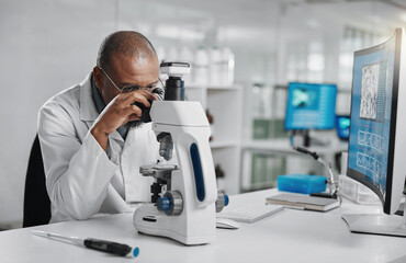 Man, lab or microscope for science research or clinical investigation, innovation in healthcare....