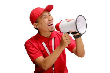 Asian delivery man or courier shouting into a megaphone, announcing a promo, special offer, discount, and great deals, isolated on a white background