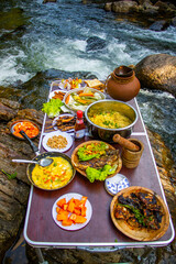 Set table with seafood dishes